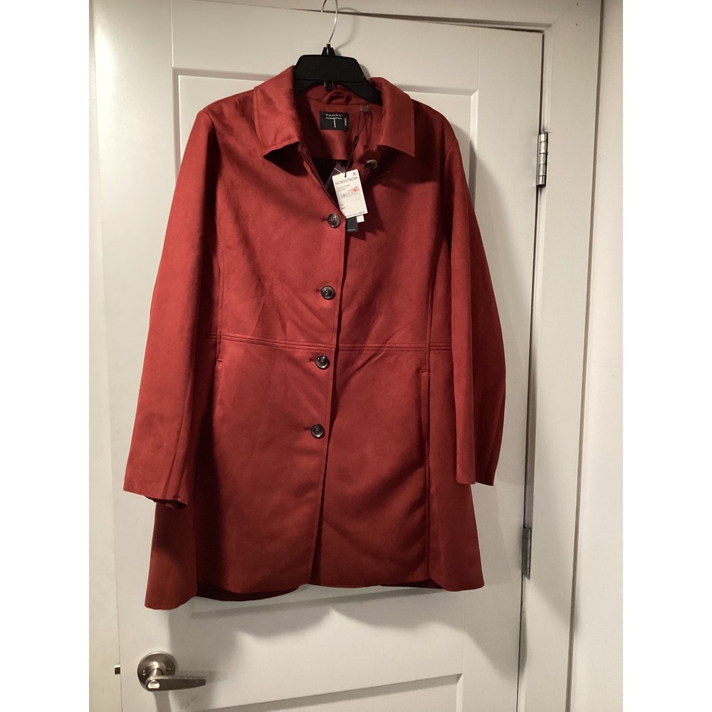 Tahari Woman Faux Suede Leather Jacket Jam Red Button Front‎ TH24217WNR Plus 1X